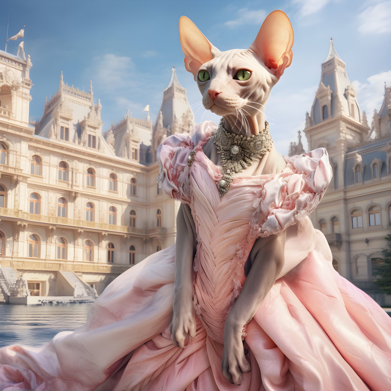 Sphynx-Katze im Ballkleid vor dem Hintergrund eines prächtigen Palastes im mittelalterlichen Stil von Kurt Heppke