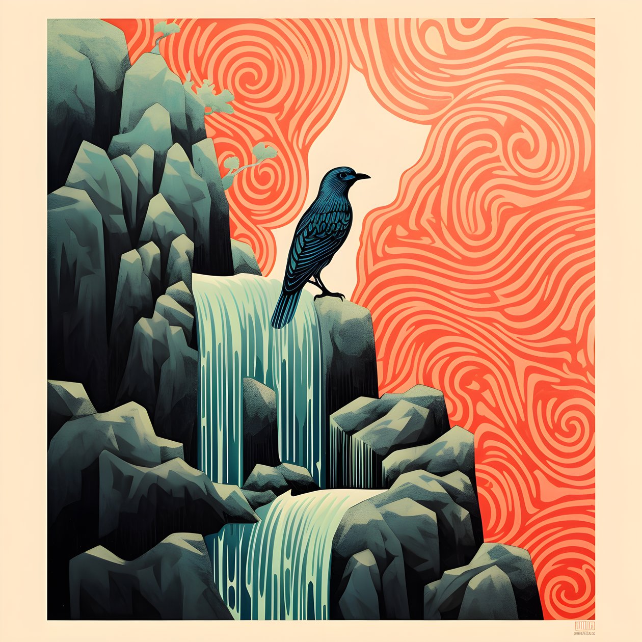 Ultra-minimalistische Illustration eines bunten tropischen Vogels, der auf einer verzweigten Pflanze vor einem Gebirgsbach mit einem schönen Wasserfall sitzt von Kurt Heppke
