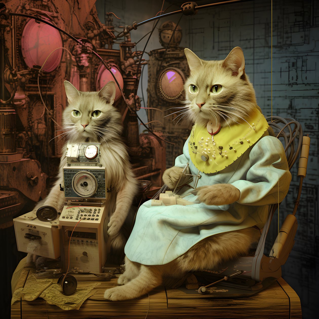 Zwei anthropomorphe Katzen, Kater und Katze, Kubrickian Synthetic von Kurt Heppke