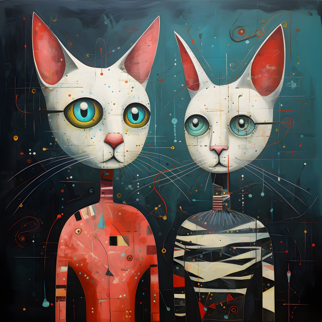 Zwei anthropomorphe Katzen, Kater und Katze, Kubrickian Synthetic von Kurt Heppke