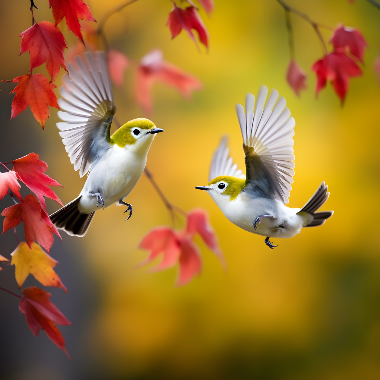Zwei super süße grüne Weißaugenvögel spreizen ihre Flügel und fliegen in den herbstlichen Ahornblättern von Kurt Heppke