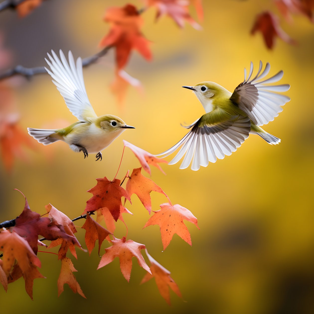 Zwei super süße grüne Weißaugenvögel spreizen ihre Flügel und fliegen in den herbstlichen Ahornblättern von Kurt Heppke