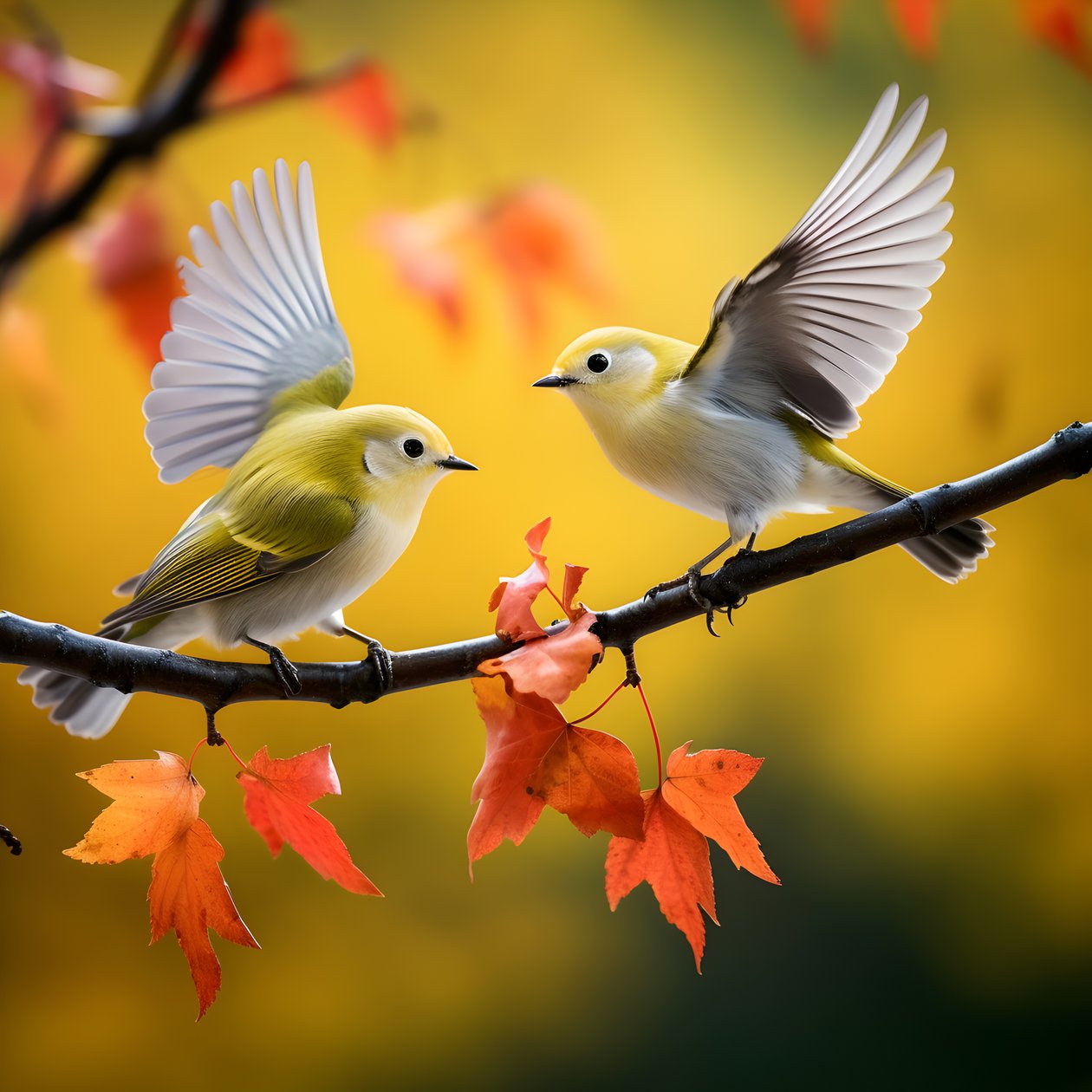 Zwei super süße grüne Weißaugenvögel spreizen ihre Flügel und fliegen in den herbstlichen Ahornblättern von Kurt Heppke