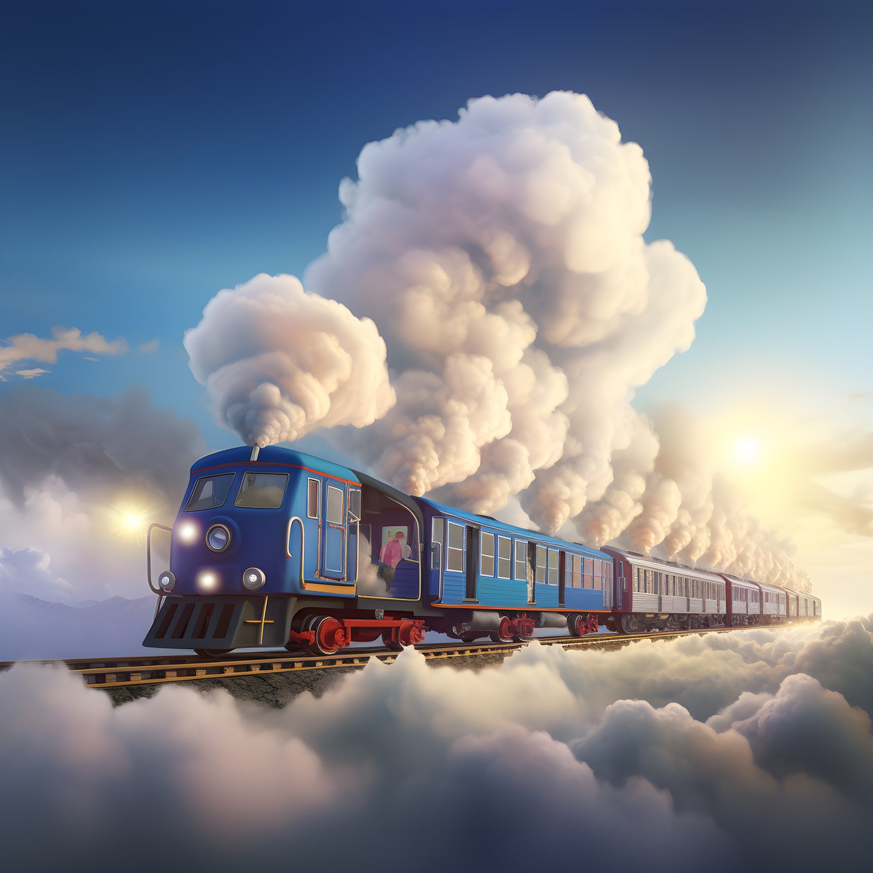 Ein schnell fahrender Social-Media-Zug, der durch die Wolken fliegt und an einem Faden hängt 2 von Kurt Heppke