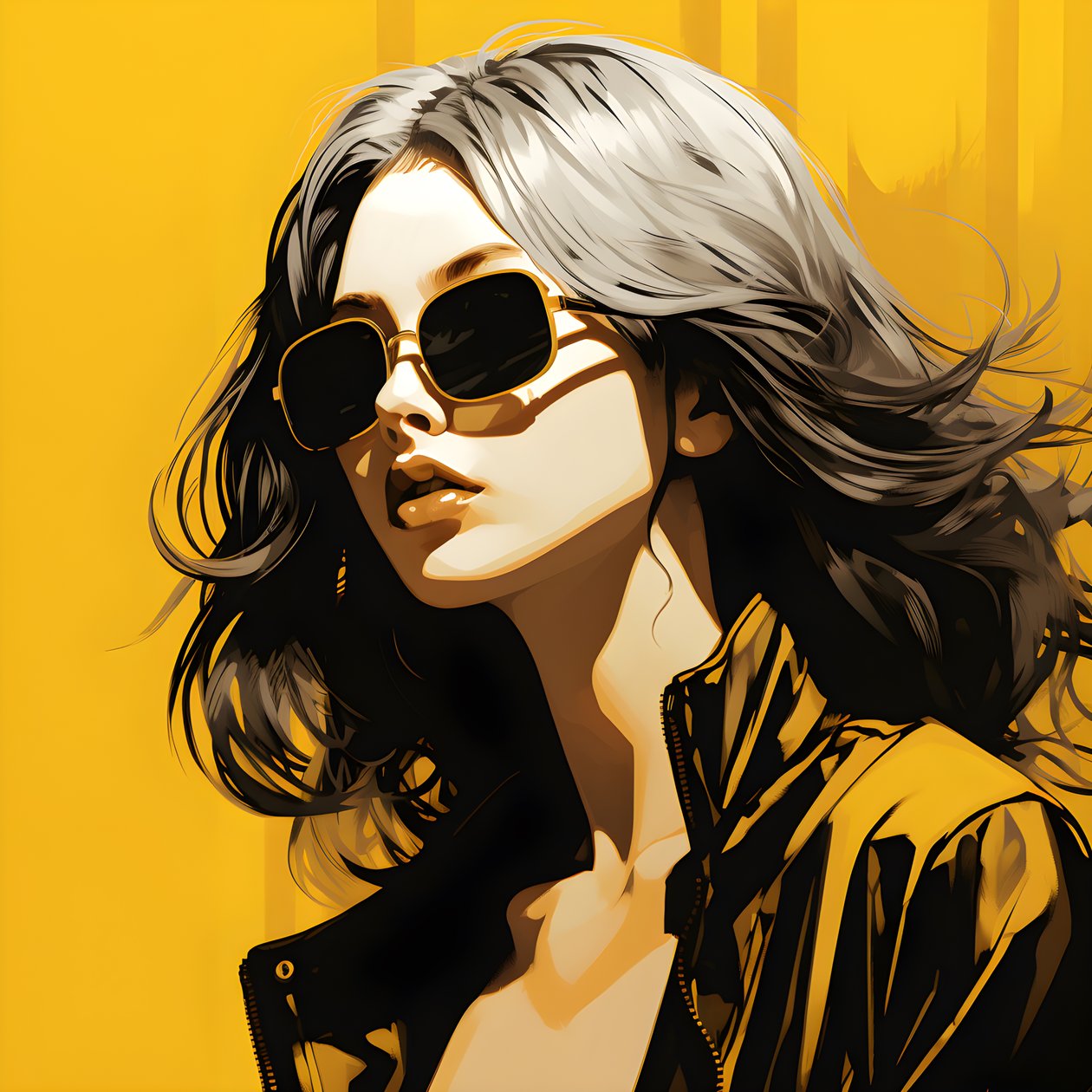 Eine Illustration eines Mädchens mit gelber Sonnenbrille, Haaren im Gesicht und Ohren, im Stil der Film-Noir-Ästhetik 2 von Kurt Heppke