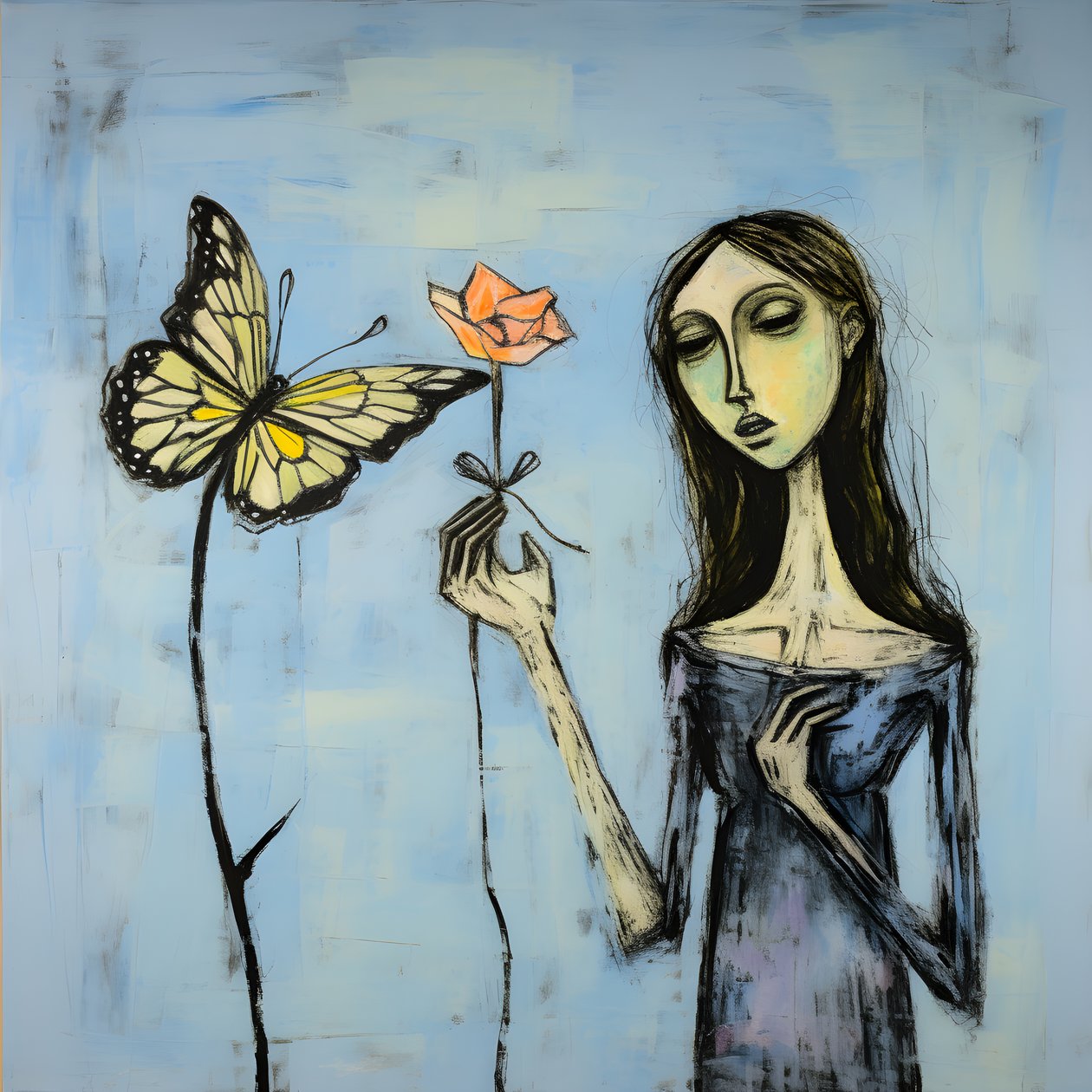 Ein originales Aquarell eines Engels, der einen Schmetterling hält von Kurt Heppke