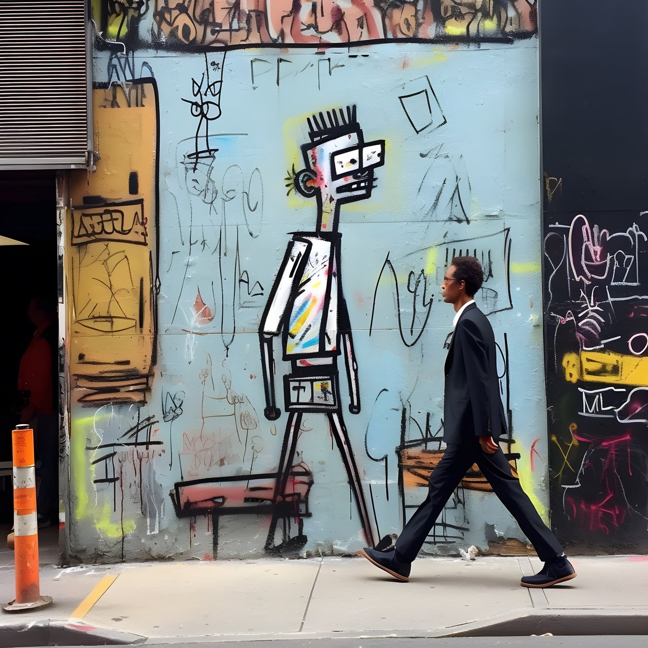 Eine gemalte Figur wird lebendig, als sie eine Straße in New York entlangläuft, surreales Foto von Kurt Heppke