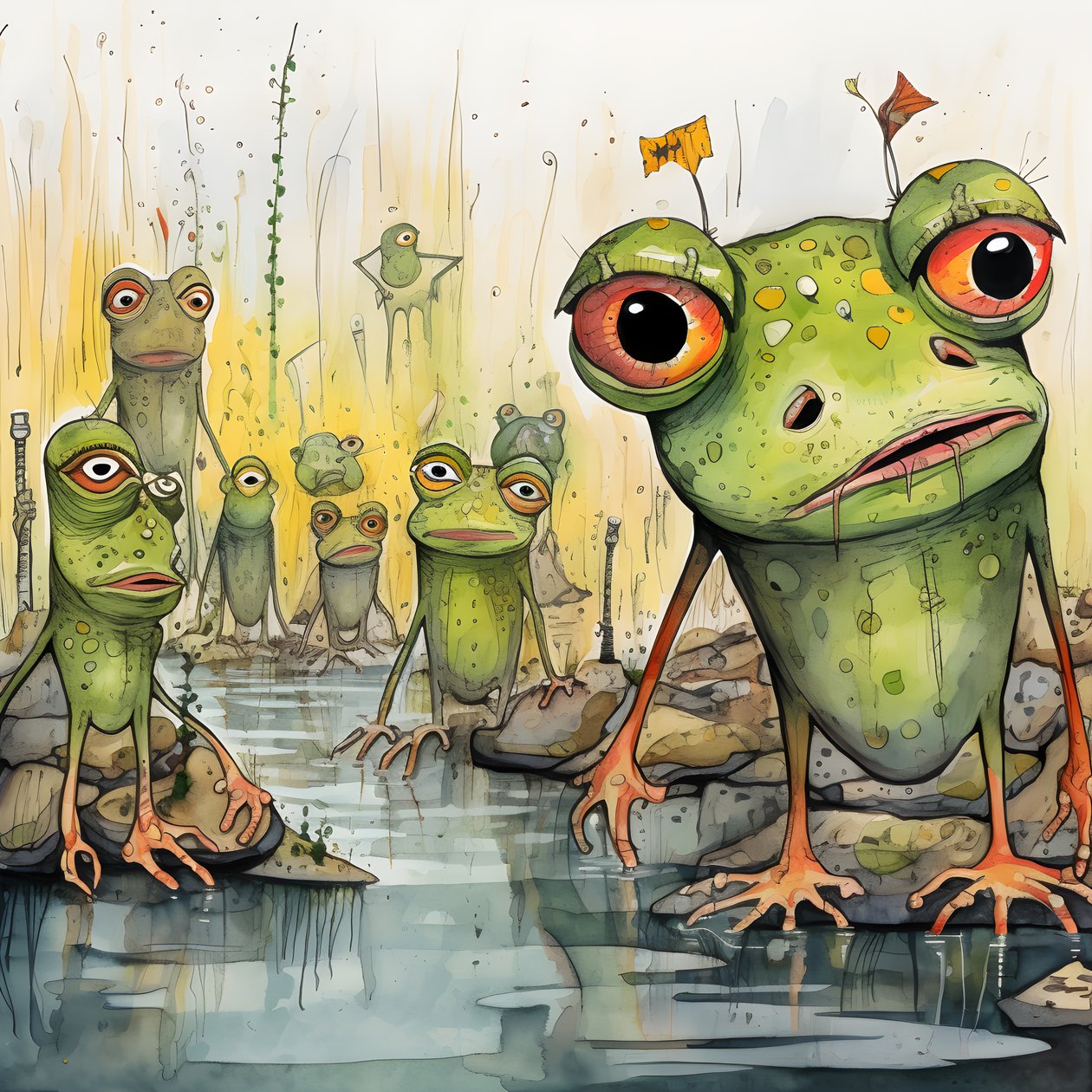 ganzseitige Aquarell- und Tuschemalerei von Fröschen von Kurt Heppke