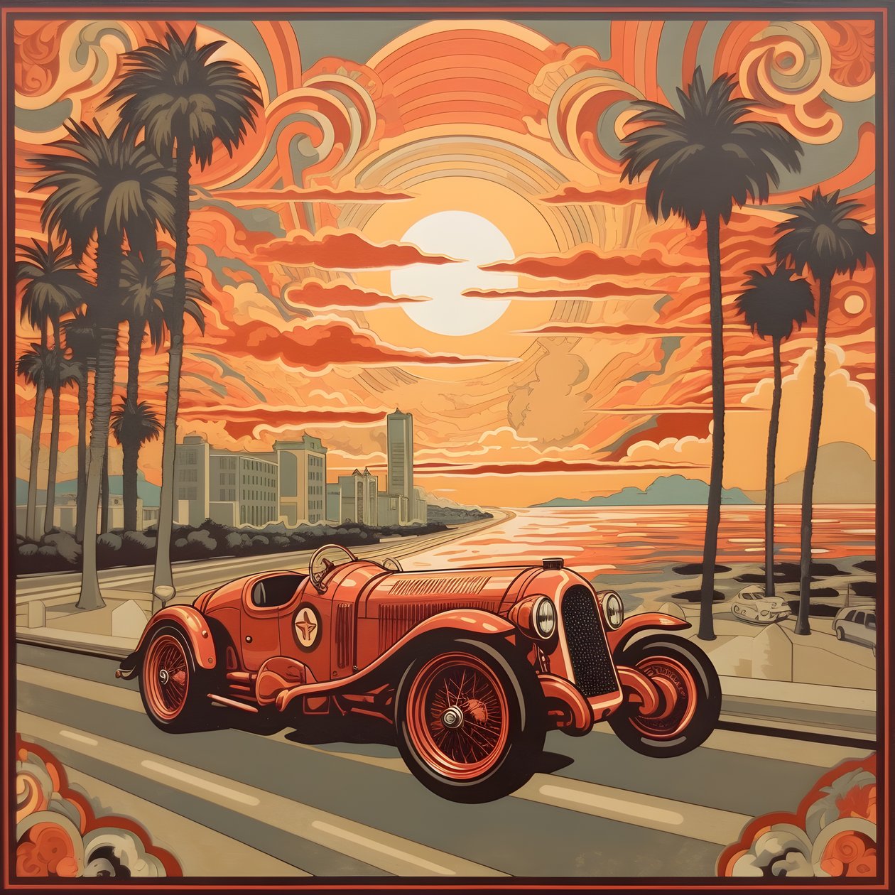 Schönes, elegantes, minimalistisches, gestepptes Meisterwerk im künstlerischen Stil von Shepard Fairey zum Gedenken an den Grand Prix von Monaco 1940, historische Rennwagen, die gegeneinander antreten 1 von Kurt Heppke