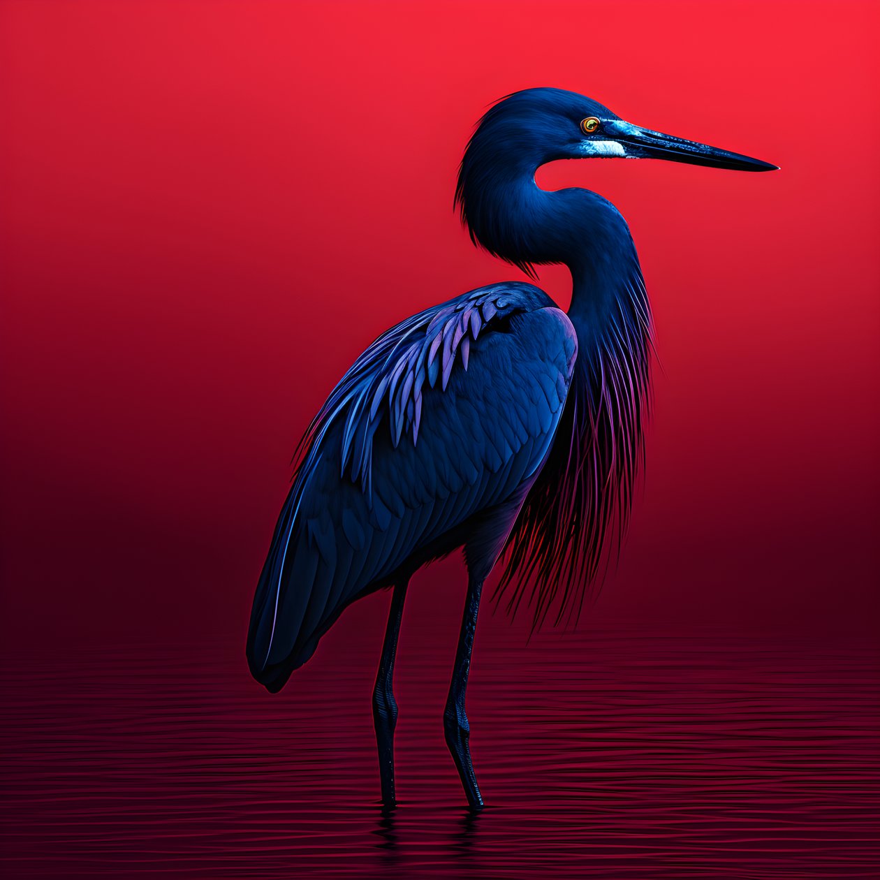 Synthwave digitale Kunst eines exotischen kobaltblauen Reihers auf rotem Papier von Kurt Heppke