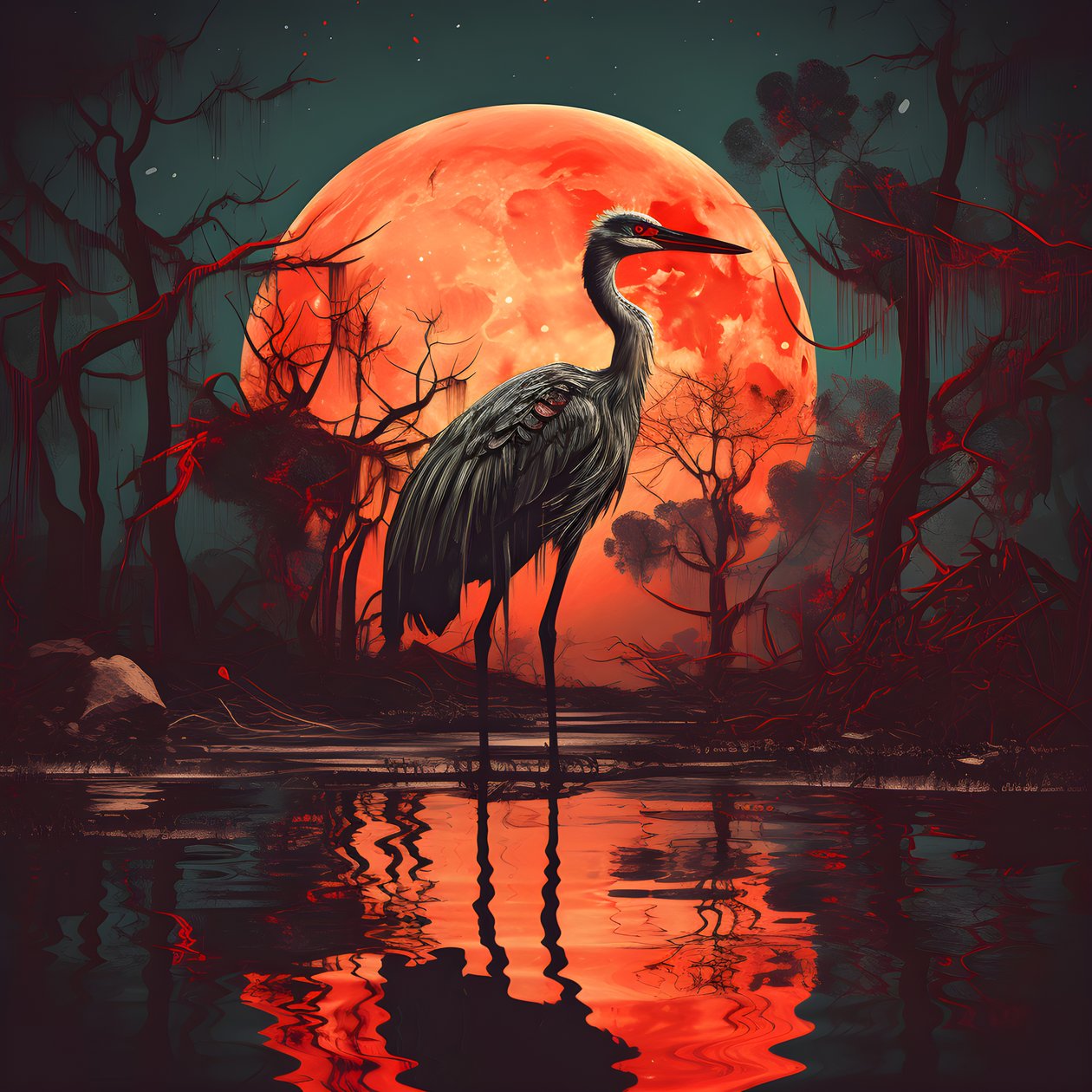 Wasser und ein großer Vogel im abendlichen Vollmondlicht 1 von Kurt Heppke