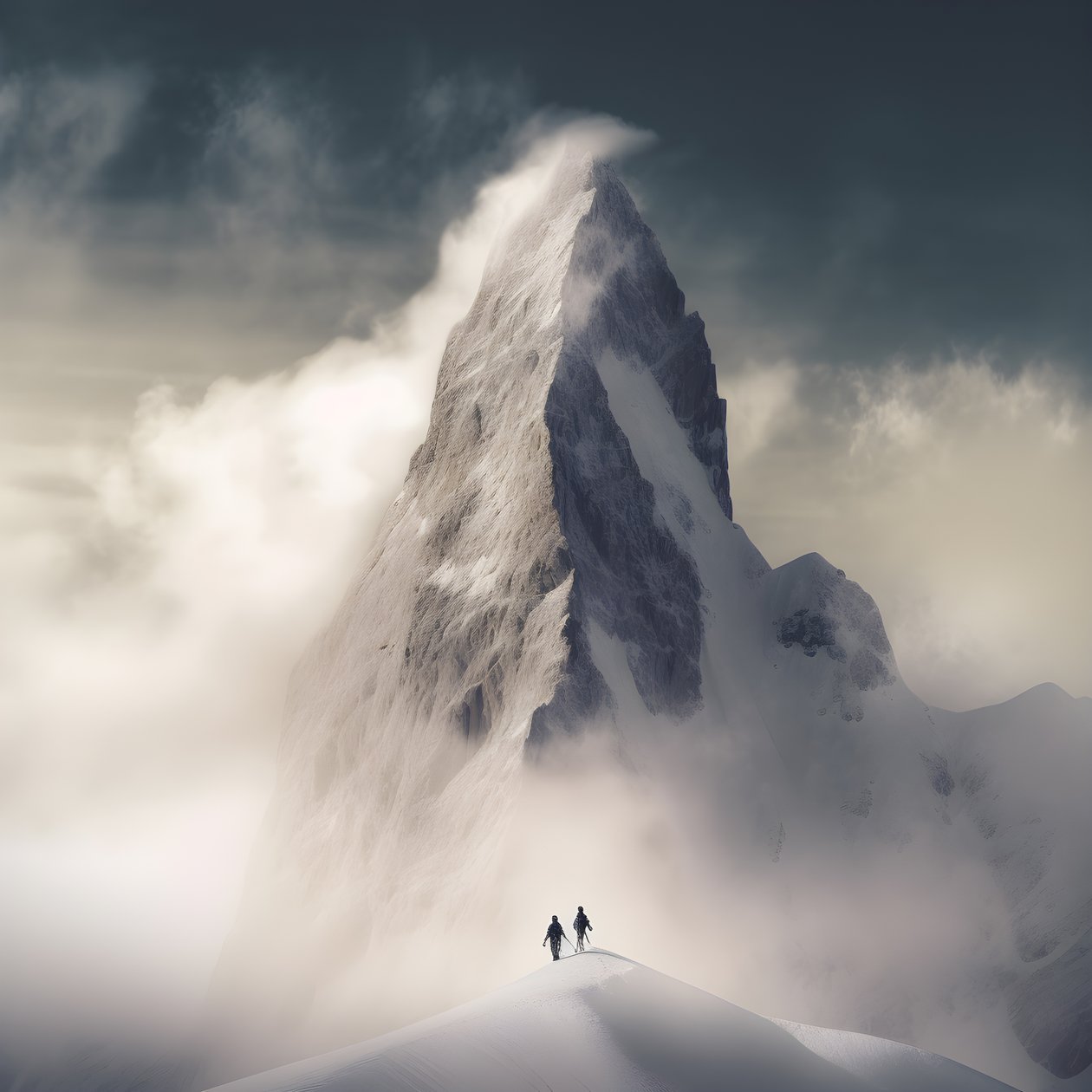 zwei Menschen beim Skifahren über einem wolkenverhangenen Berg von Kurt Heppke