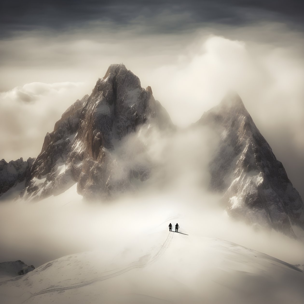 zwei Menschen beim Skifahren über einem wolkenverhangenen Berg von Kurt Heppke