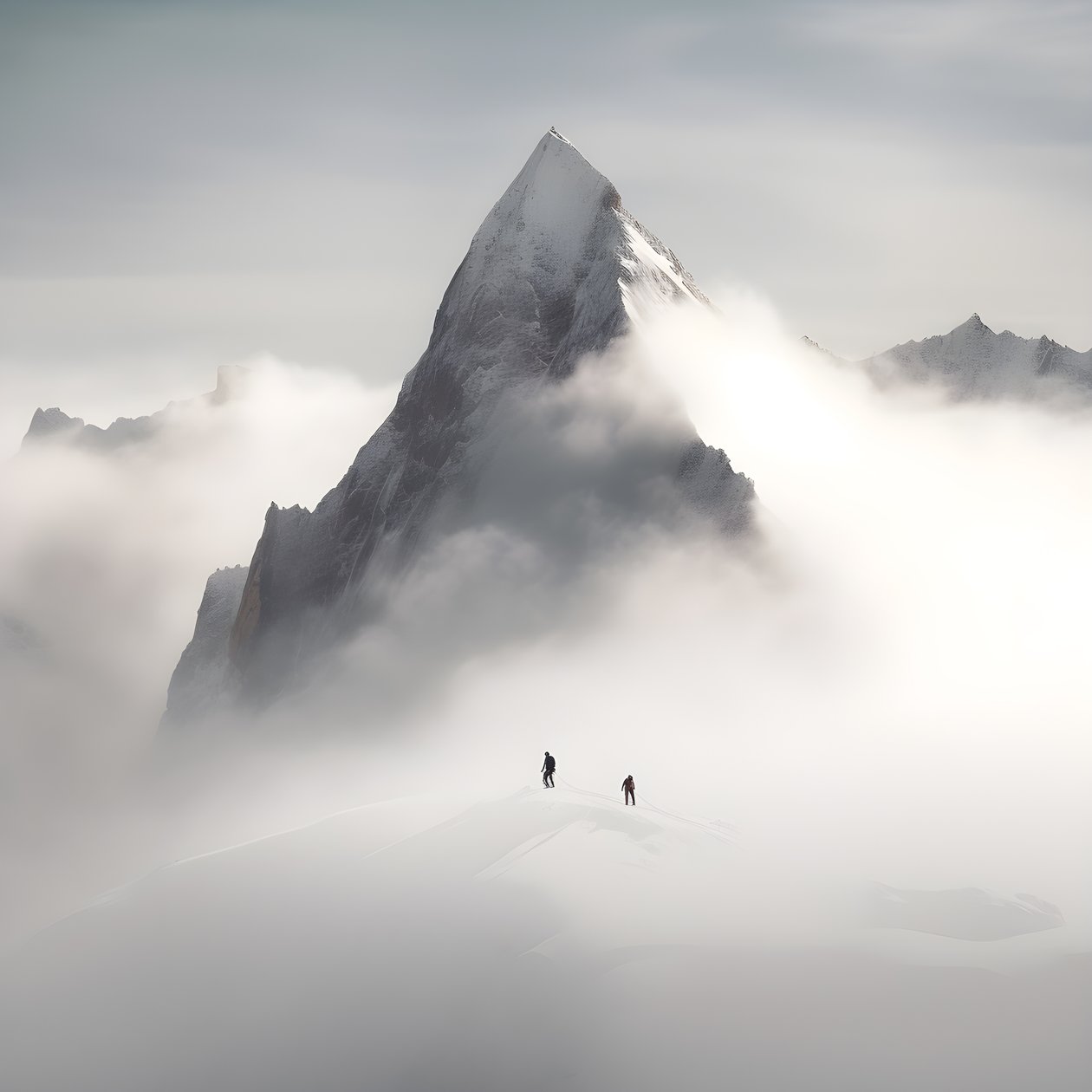 zwei Menschen beim Skifahren über einem wolkenverhangenen Berg von Kurt Heppke