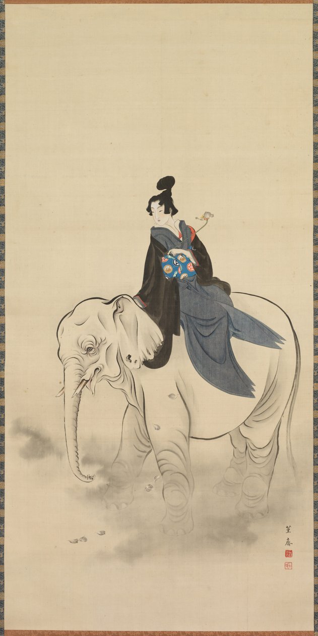 Kurtisane reitet auf einem Elefanten Parodie des Bodhisattva Fugen, 19. Jahrhundert von Kuwagata Keisai