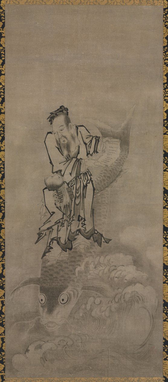 Hotei mit daoistischen Unsterblichen: Unsterblicher auf Karpfen reitend von Kyūseki Tomonobu