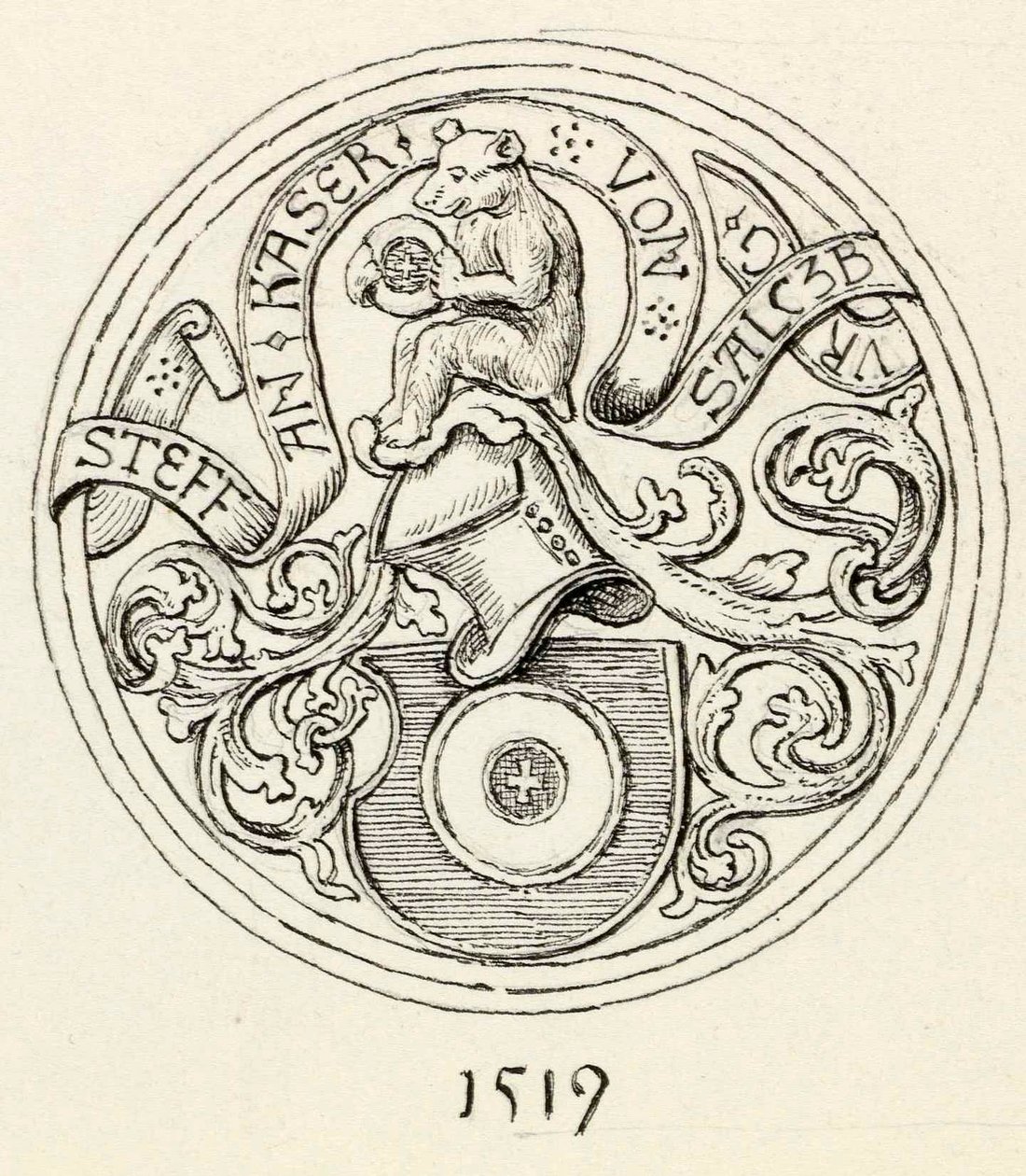 Wappen des Hostiengefäßes mit der Jahreszahl 1519 aus der Kirche in Kranjska Gora von Ladislav Benesch