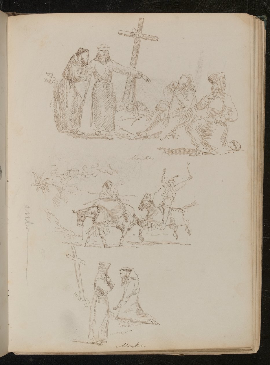 Vier Figuren neben Holzkreuz, Studie von zwei Jugendlichen mit Stöcken auf Eseln, Studie von zwei Mönchen, einer kniet vor Holzkreuz von Lady Butler