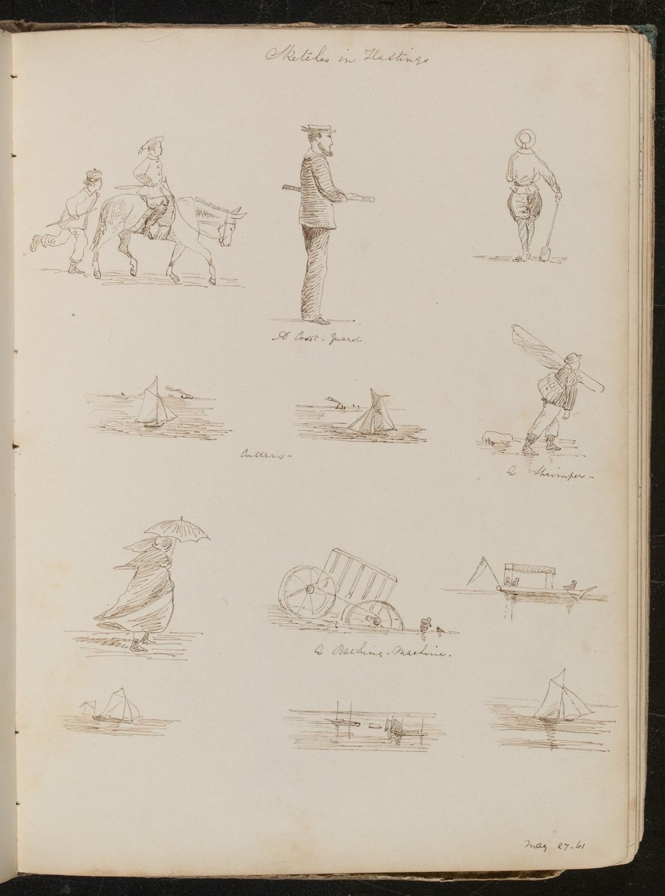 Studien von Kindern, ein Matrose beschriftet "Eine Küstenwache", sechs Studien von Booten beschriftet "Kutter", ein Shrimper, eine Frau mit einem Sonnenschirm, datiert "27. Mai 1861" von Lady Butler
