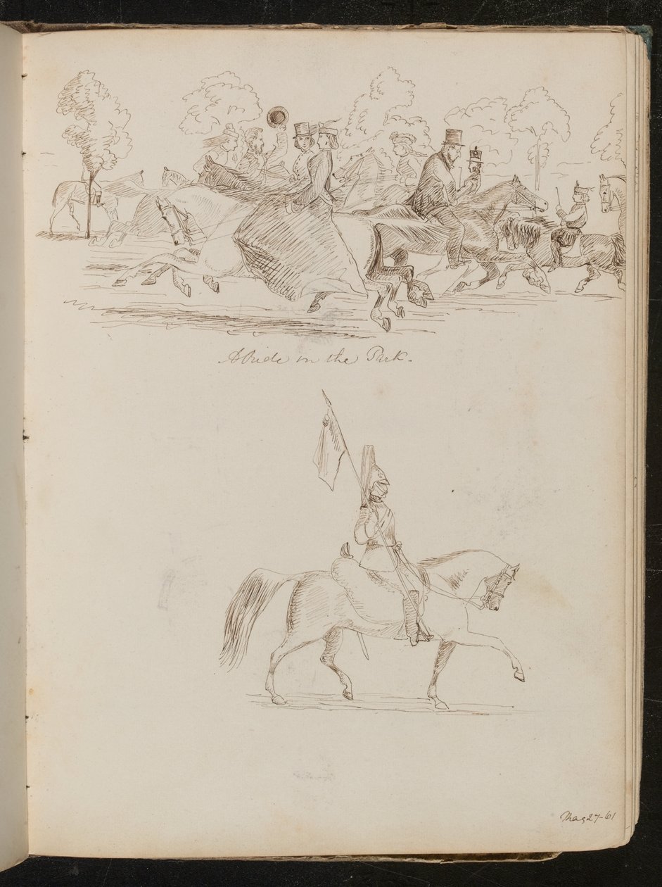 Studie von Männern und Frauen zu Pferd in einem Park, möglicherweise eine Jagd, eine Studie eines Soldaten in voller Uniform zu Pferd mit einer Fahne von Lady Butler