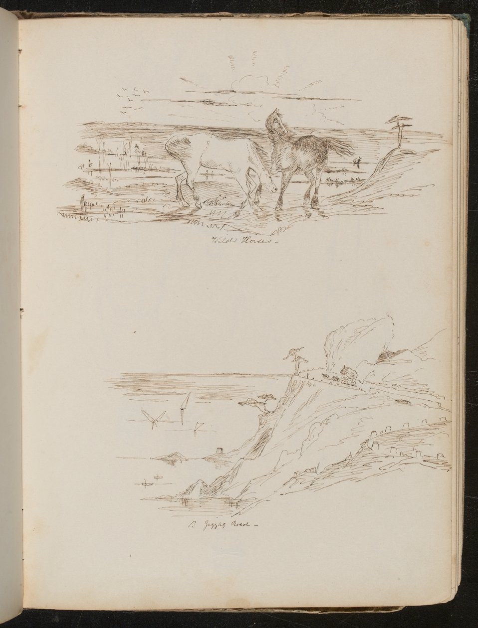 Studie von zwei Pferden in der Landschaft, Küstenszene und Klippe von Lady Butler