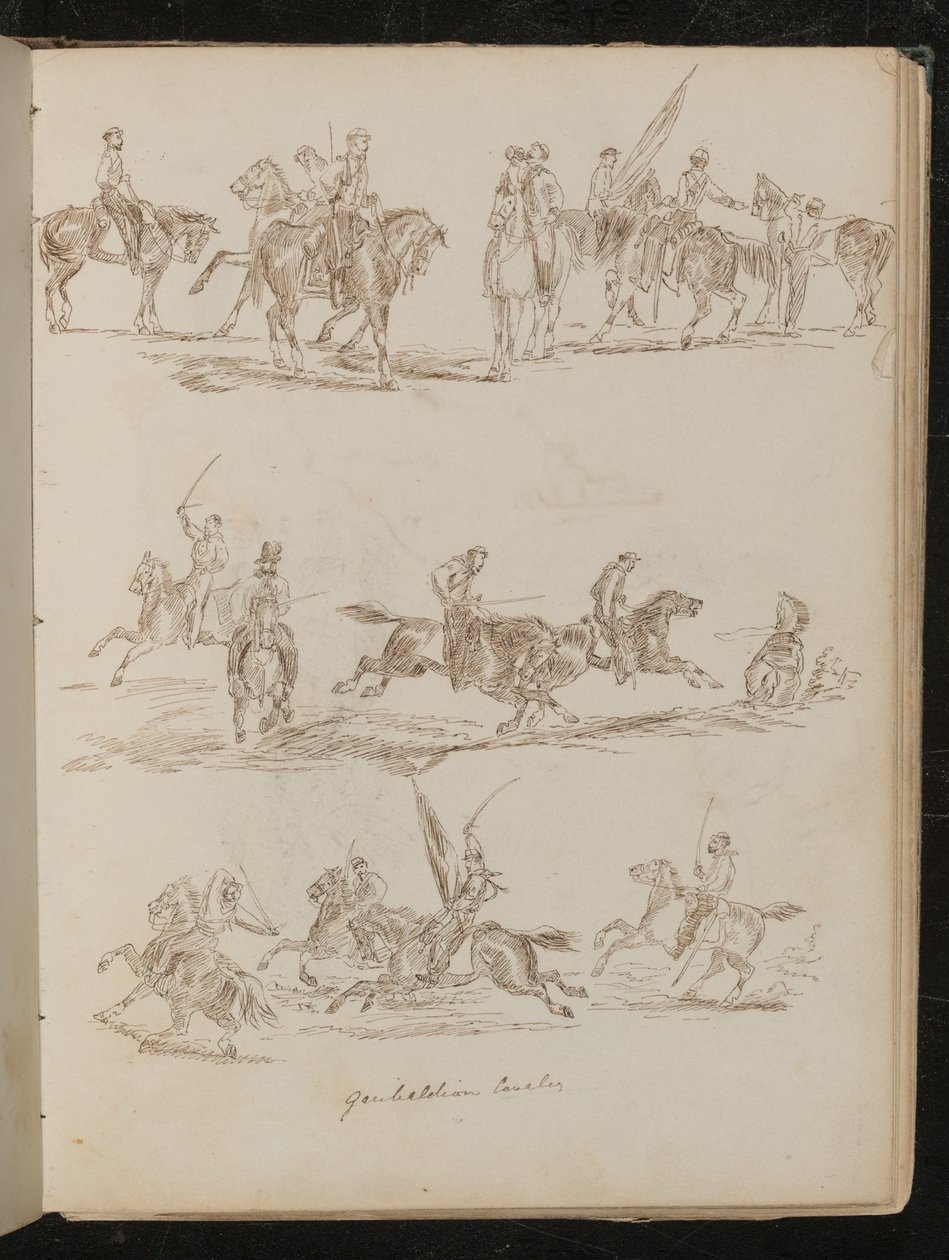 Drei Studien von Soldaten zu Pferd beschriftet "Garibaldianische Kavallerie" von Lady Butler