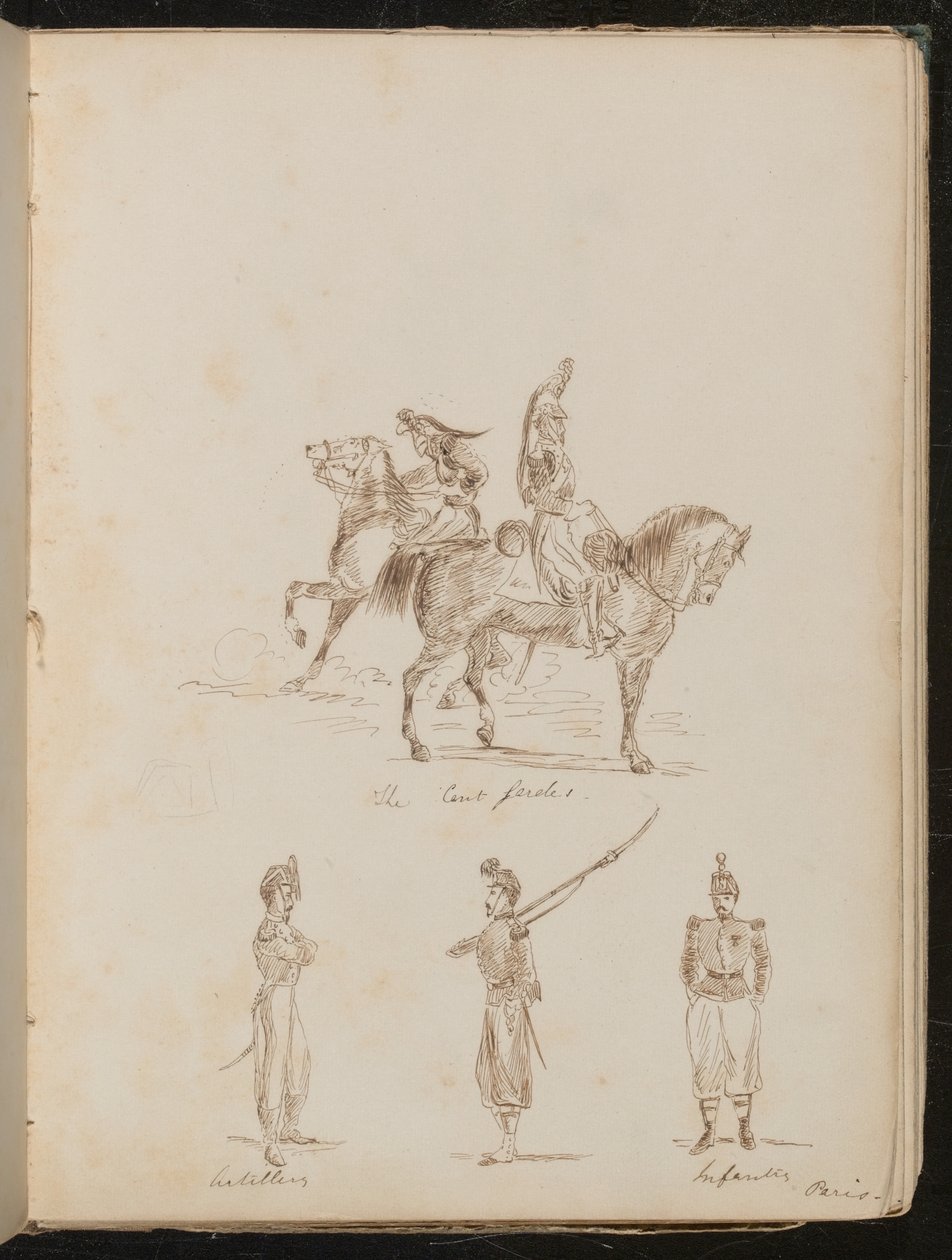 Zwei Soldaten zu Pferd beschriftet "Die Cert-Garde", Studien von Artillerie- und Infanteriesoldaten von Lady Butler