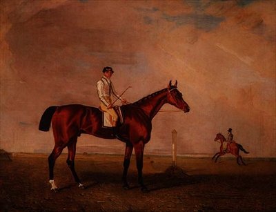 Braunes Rennpferd mit Jockey auf einer Rennbahn von Lambert Marshall