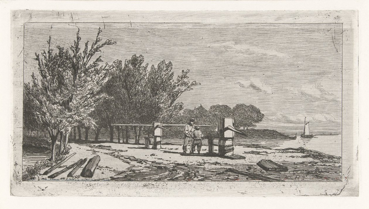 Mann und Junge am Ufer eines Flusses von Lambertus  Hardenberg