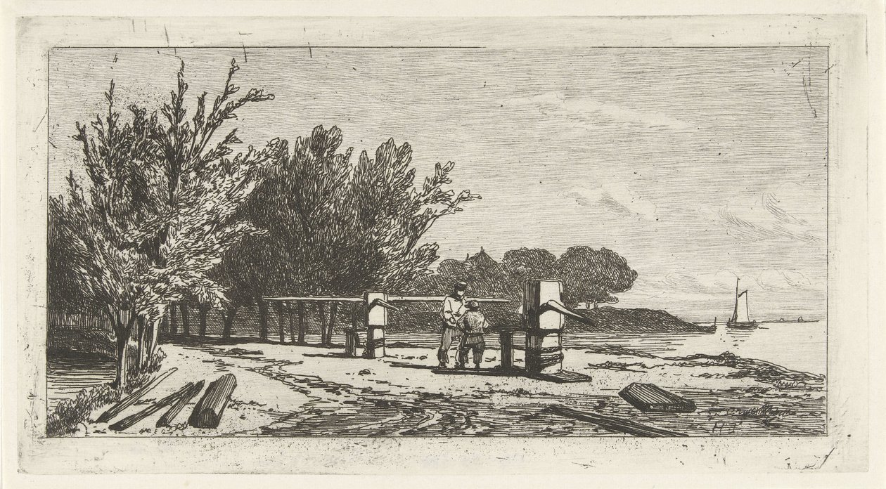 Mann und Junge am Ufer eines Flusses von Lambertus  Hardenberg