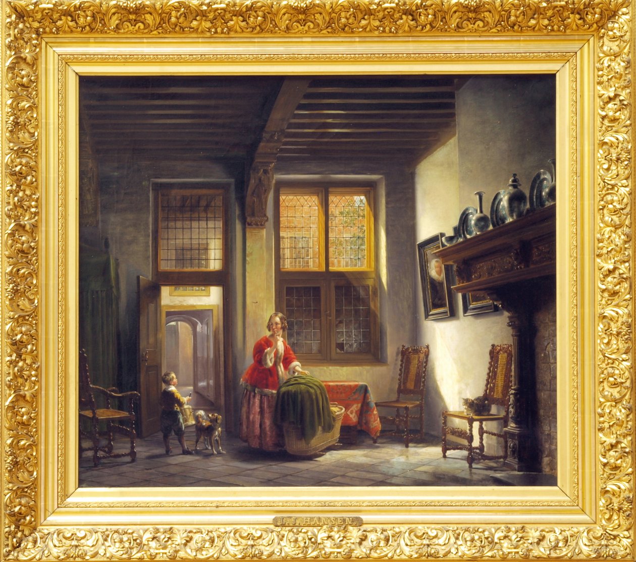 Vornehmes Innenhaus mit Frau und Kind bei einer Treppe von Lambertus Johannes Hansen