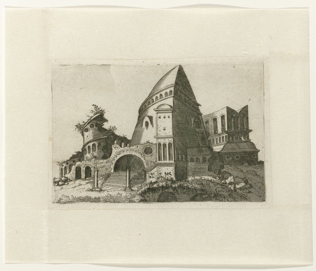 Ruine mit pyramidenförmigem Turm von Lambertus Suavius