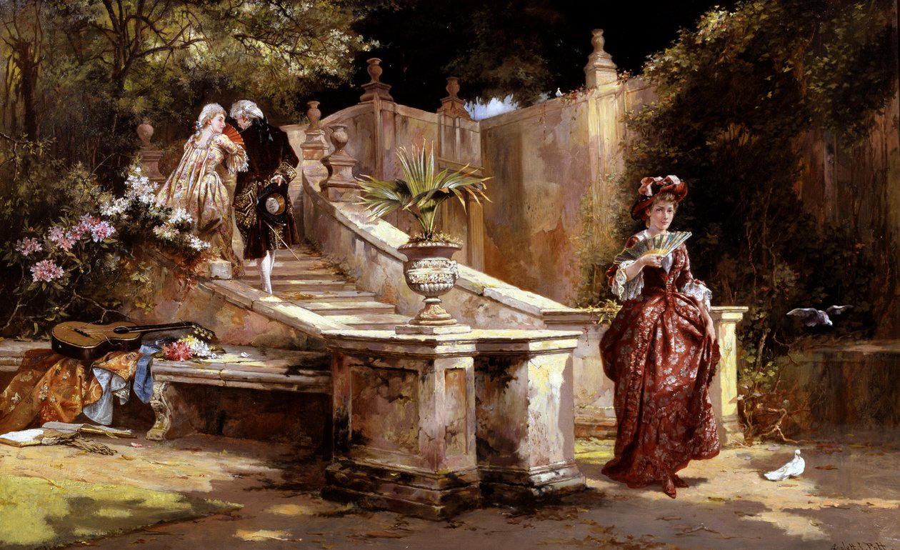 Ein geheimes Rendezvous. Eine Frau auf der Treppe flüstert einem maskierten Mann hinter einem Fächer ins Ohr (Verleumdung, üble Nachrede). Ein junges Mädchen unten auf der Treppe lächelt, ohne sich umzudrehen. Eine Gitarre mit einer... von Laslett John Pott