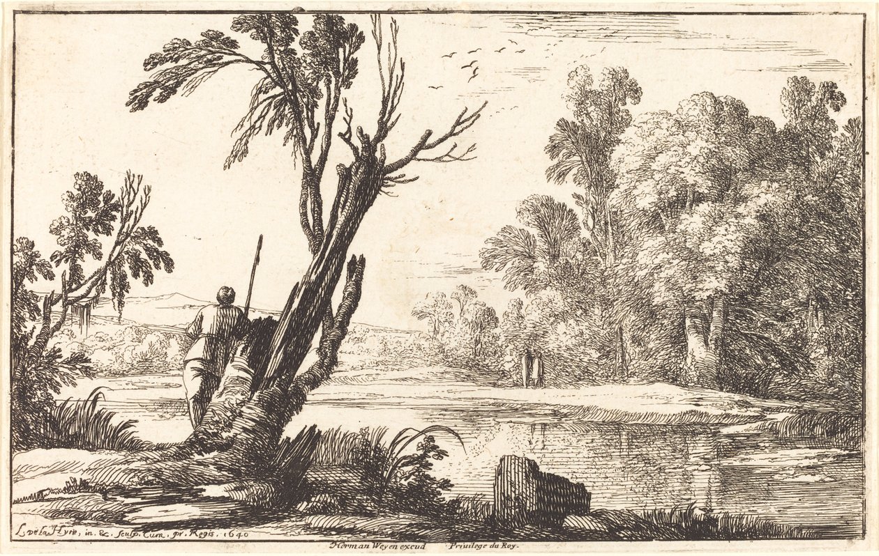 Ein Mann, der über einen stillen Teich blickt von Laurent de la Hyre