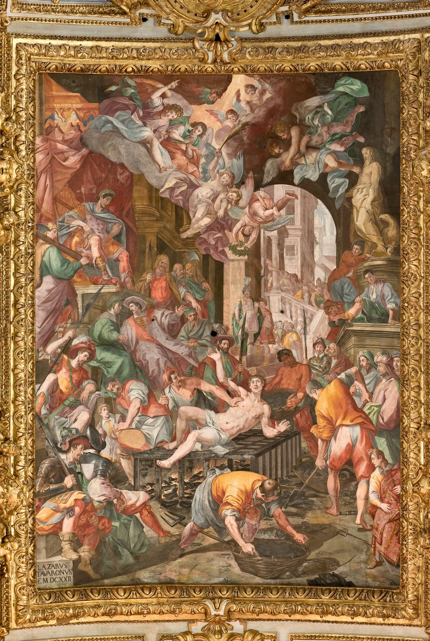 Genua, Duomo (St. Laurentius Kathedrale), innen, Presbyterium-Gewölbe: "Das Martyrium des Hl. Laurentius" von Lazzaro Tavarone
