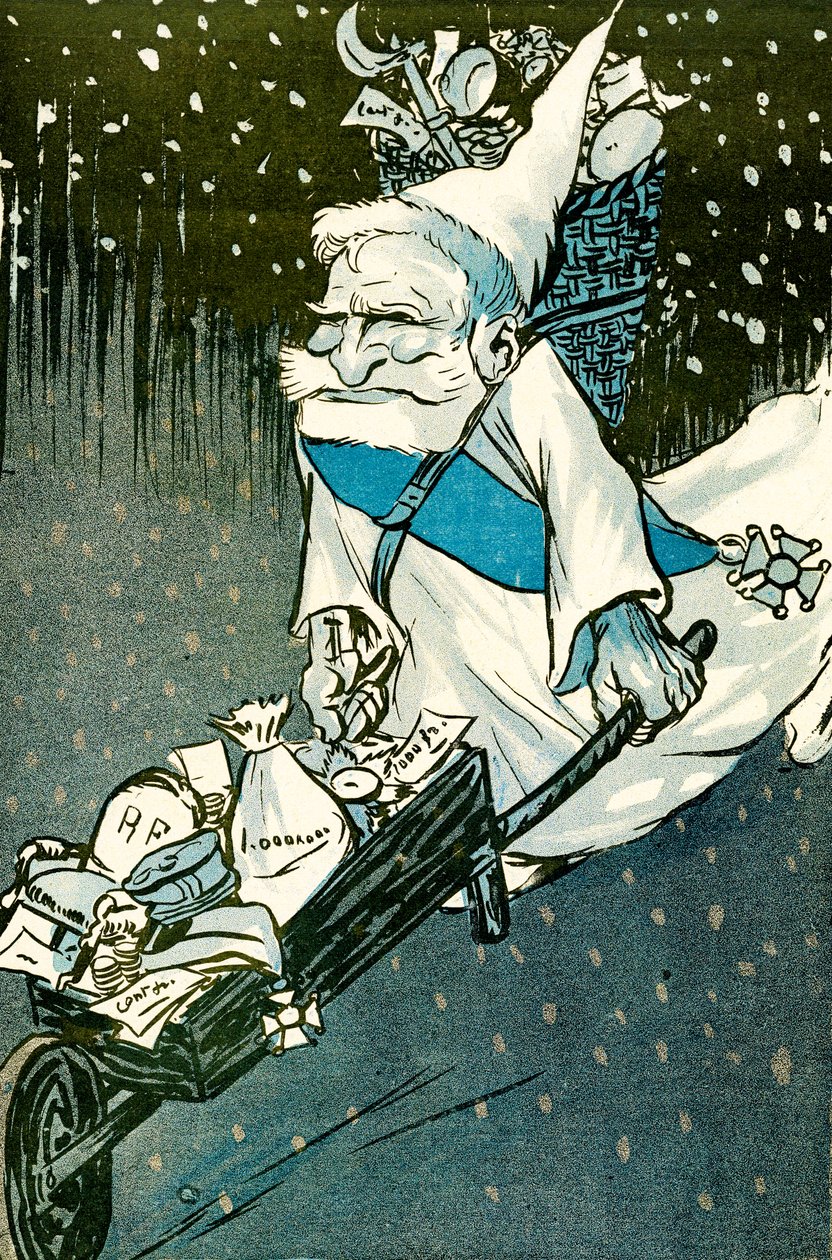 Weihnachten für große Kinder - Der französische Präsident Emile Loubet als Weihnachtsmann verkleidet mit einer Schubkarre voller Geschenke für die Erwachsenen. 1905. von Leal de Camara