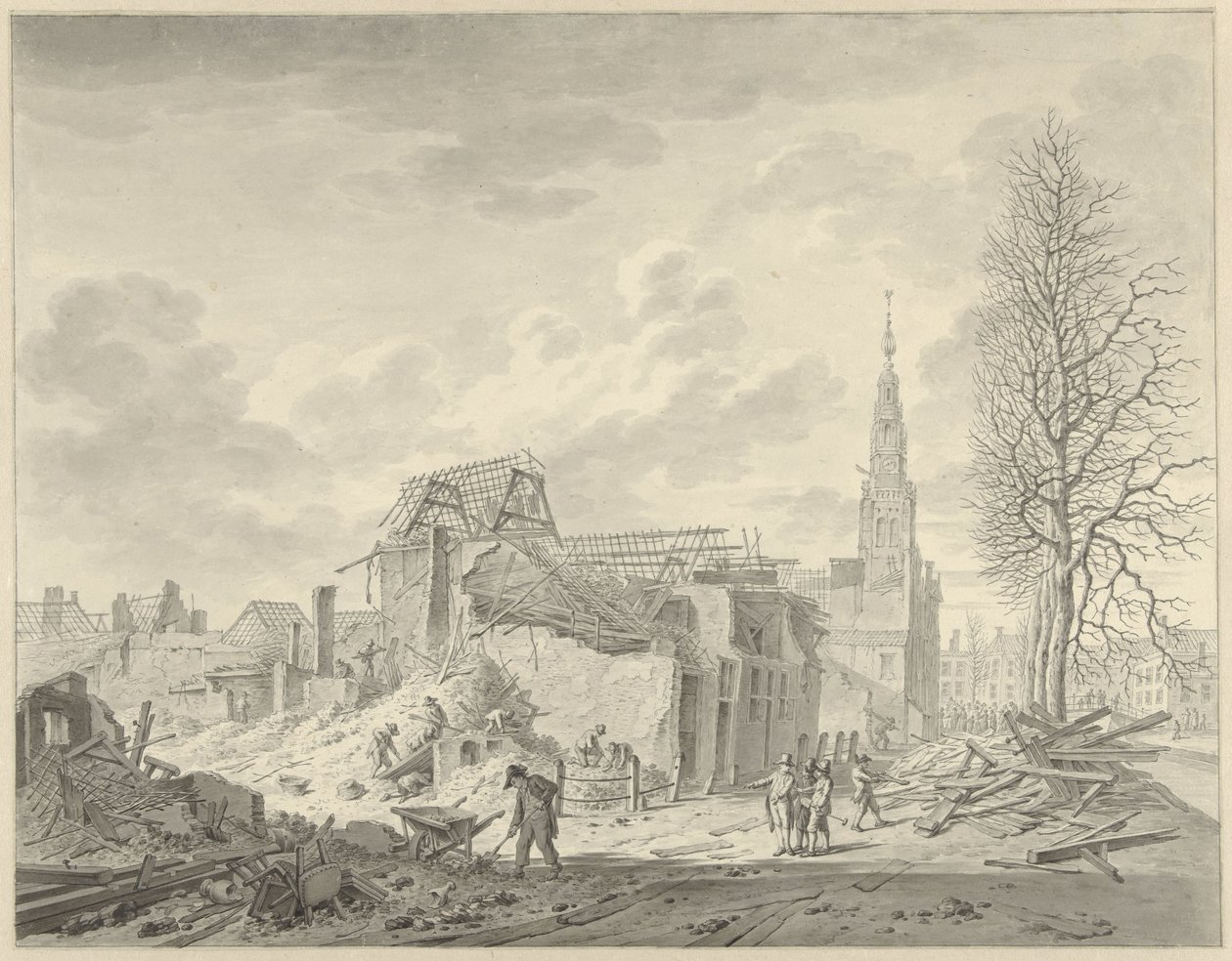 Ansicht des Rapenburg in Leiden nach der Pulverexplosion vom 12. Januar 1807 von Leendert Overbeek