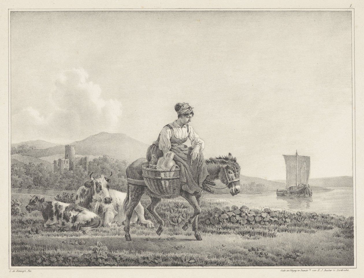 Frau auf Esel in Landschaft von Leendert de Koningh