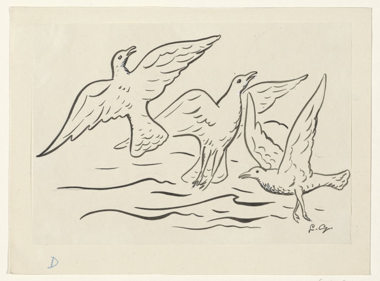 Drei Vögel in der Luft über dem Meer von Leo Gestel (signed by artist)