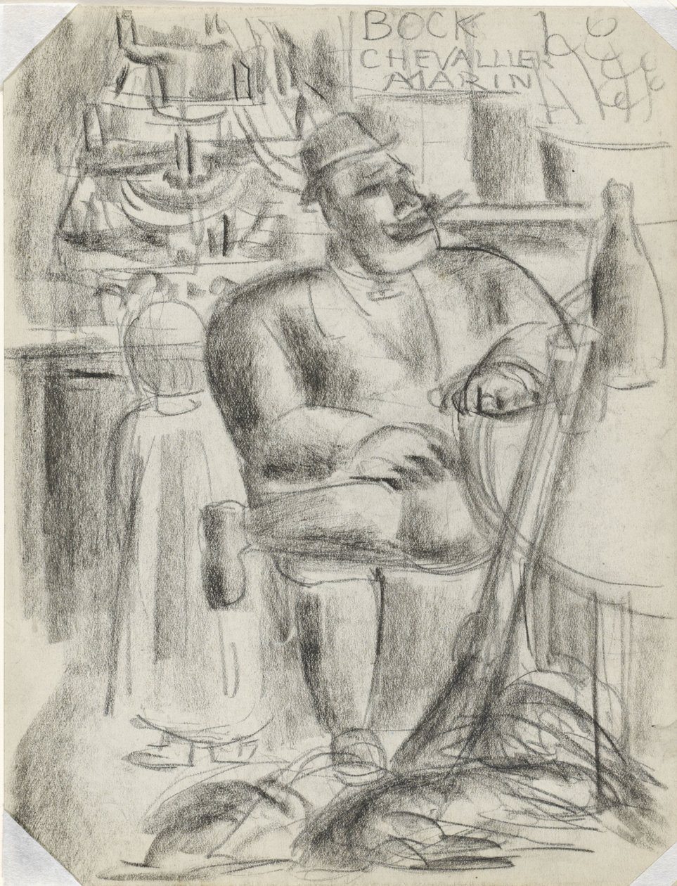 Jäger sitzend an einem Cafétisch, in schwarzer Kreide von Leo Gestel