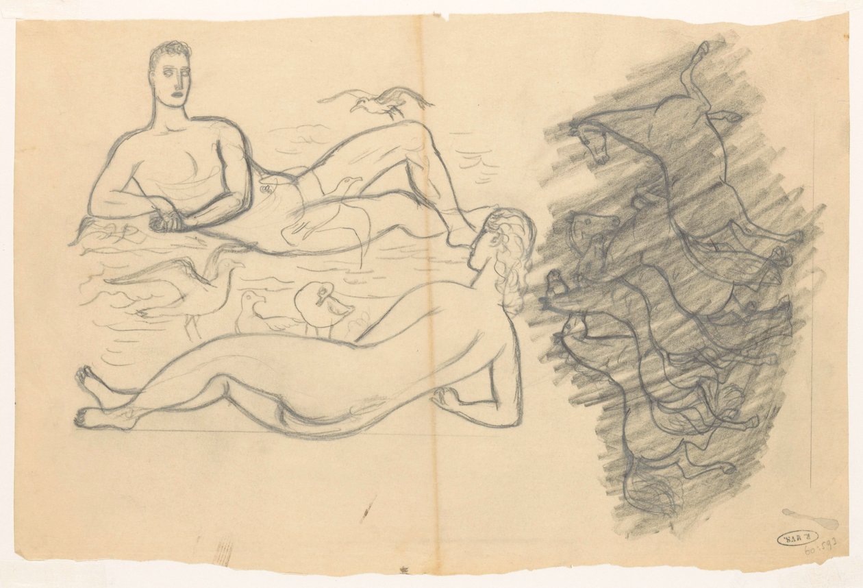 Nackter Mann und Frau am Strand, umgeben von Möwen von Leo Gestel