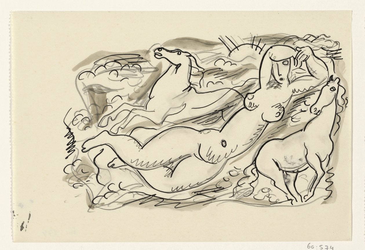 Nackte Frau und zwei Pferde im Meer von Leo Gestel