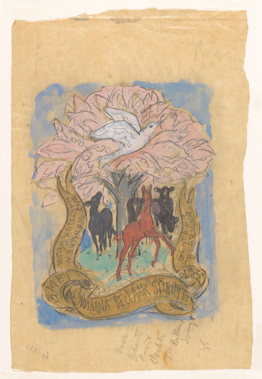 Entwurfszeichnung für einen Glückwunsch zur Geburt von Juliana Bellaar Spruyt von Leo Gestel
