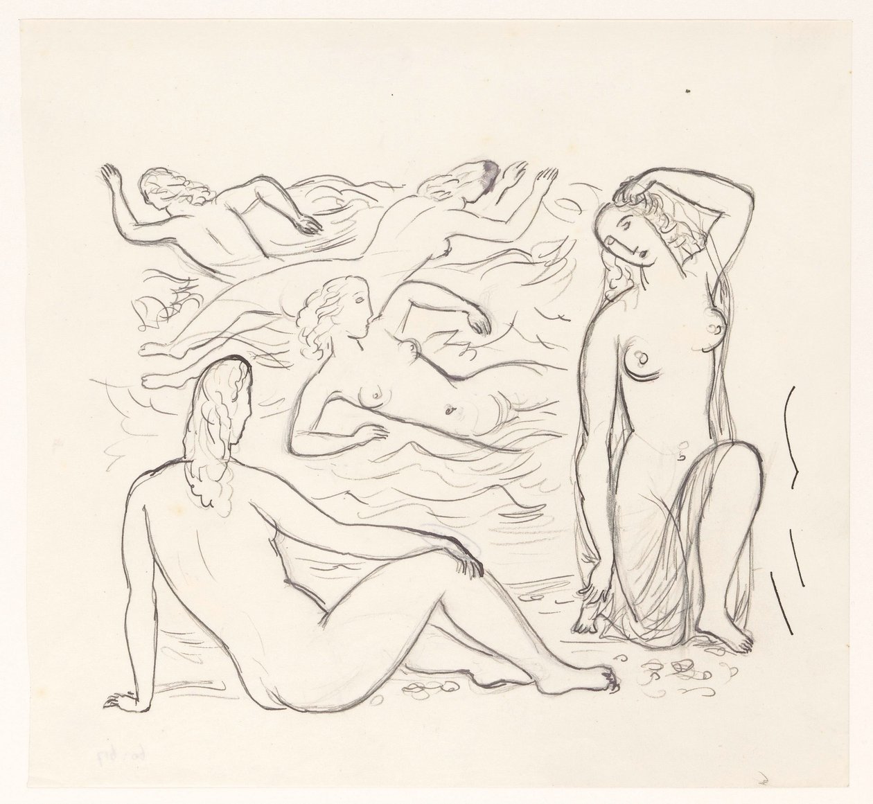 Fünf nackte Frauen, in der Brandung oder am Strand von Leo Gestel