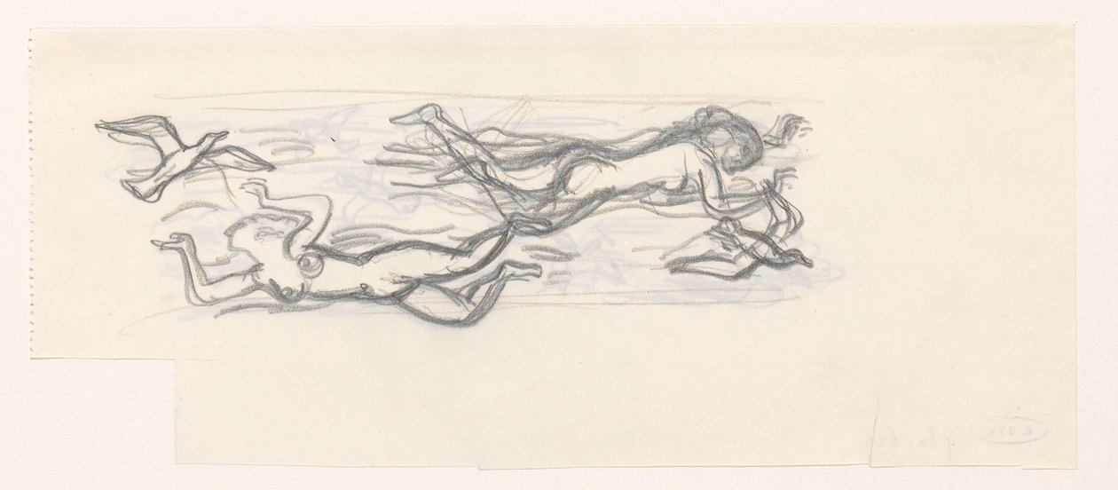 Schwebende nackte Frauen in der Luft zwischen Möwen von Leo Gestel