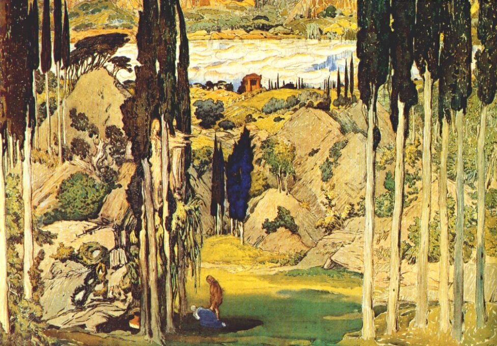 Bühnenbild für die Uraufführung des Balletts Daphnis et Chloe, Musik von Maurice Ravel, Paris von Leon Bakst