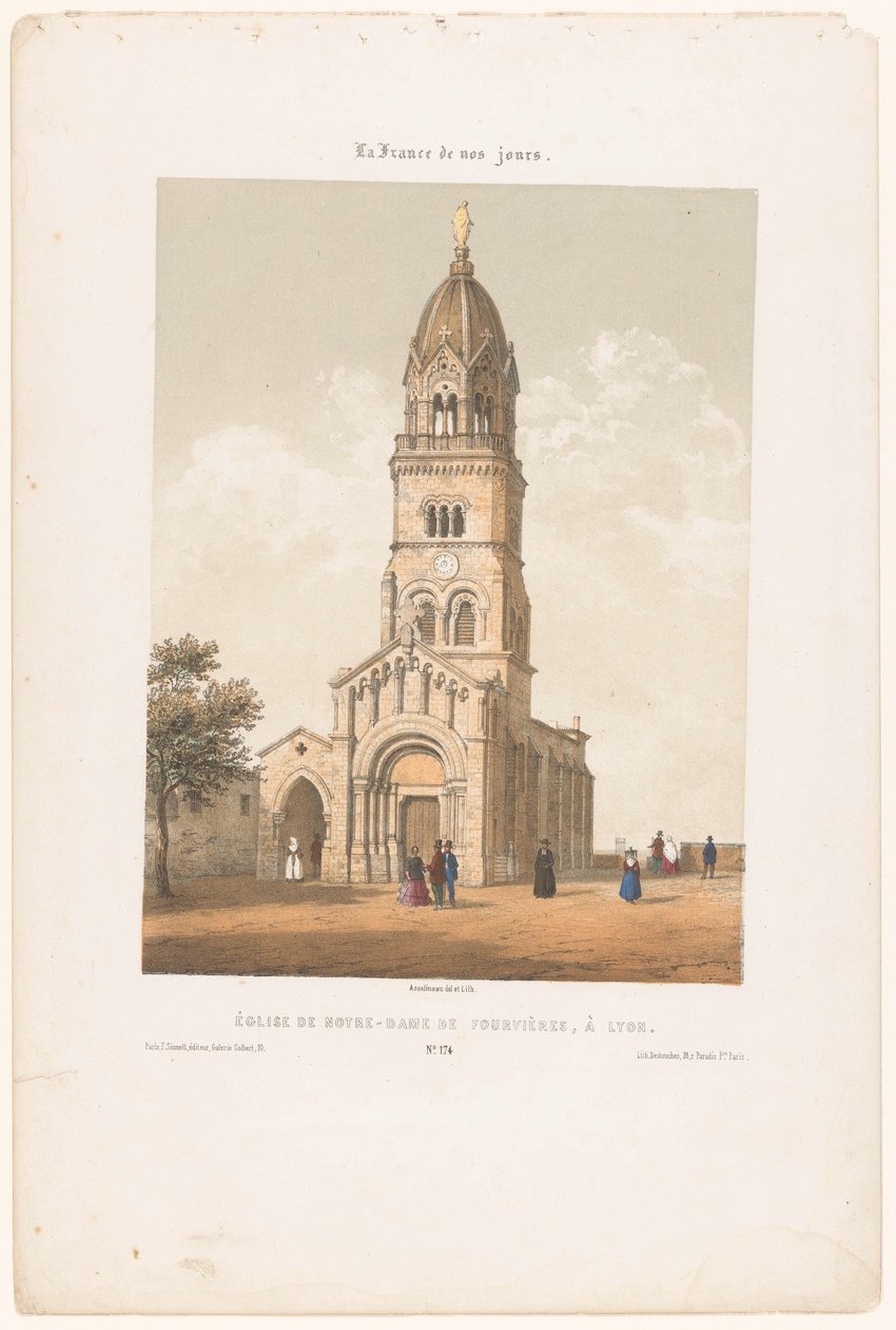 Blick auf die Basilika Notre-Dame de Fourvière in Lyon (Hedendaags Frankreich) von Leon Auguste Asselineau
