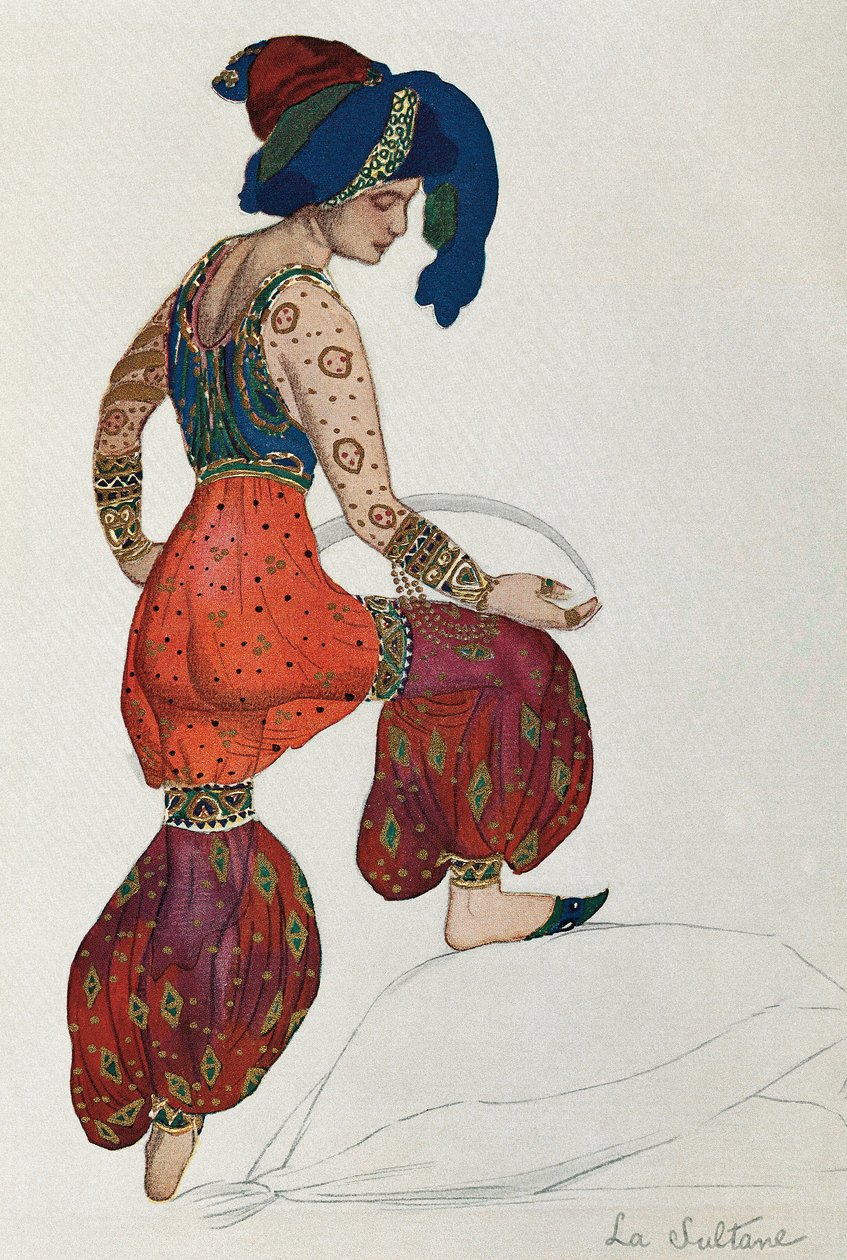 Kostüm von Vaslav Nijinsky für die Rolle der Sultanin im Ballett "Scheherazade" 1910 (Aquarell auf Papier) von Leon Bakst