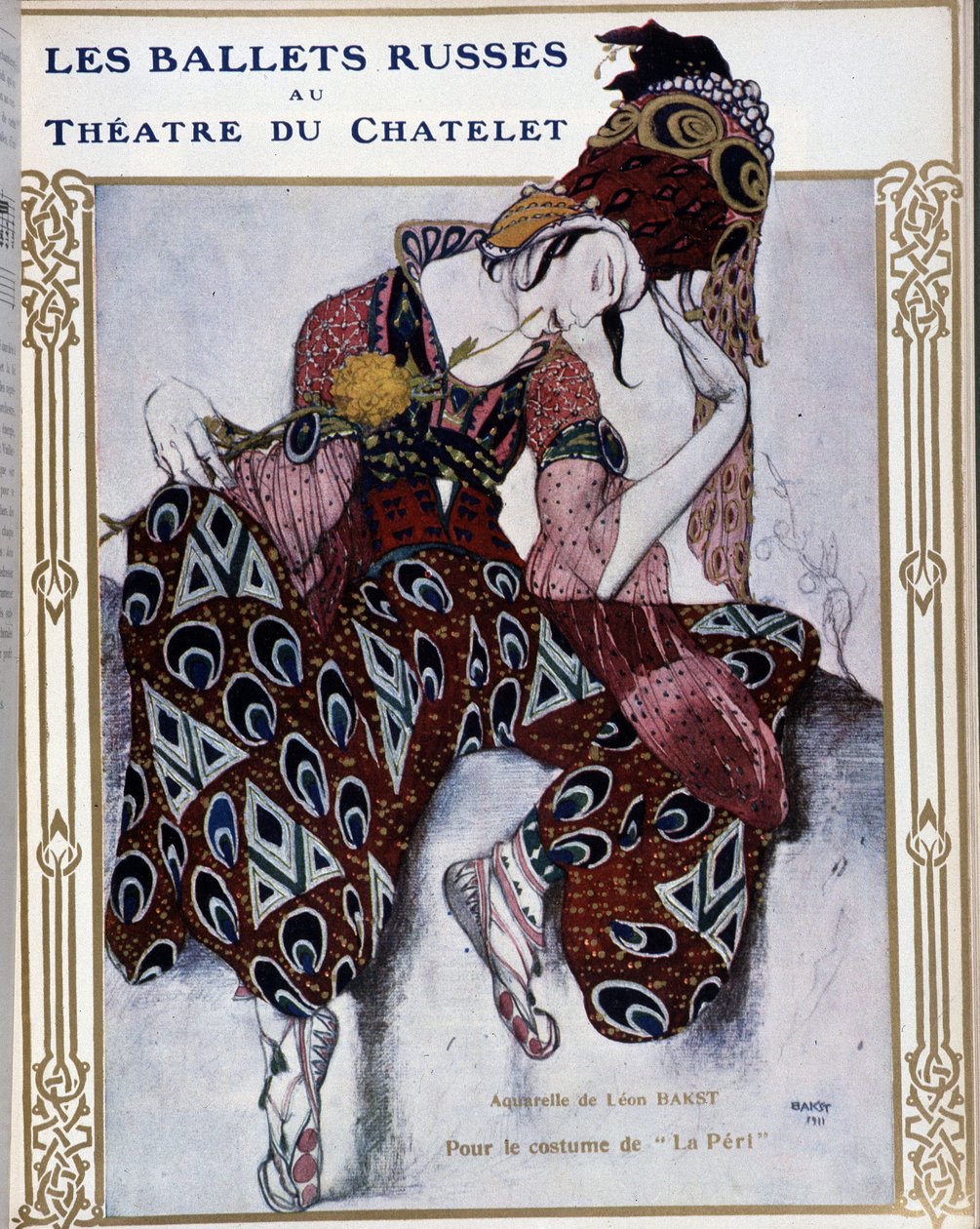 Les Ballets Russes im Théâtre du Châtelet: Kostüm für "La Péri" - Aquarell von Bakst, in "Comoedia illustriert" von Leon Bakst