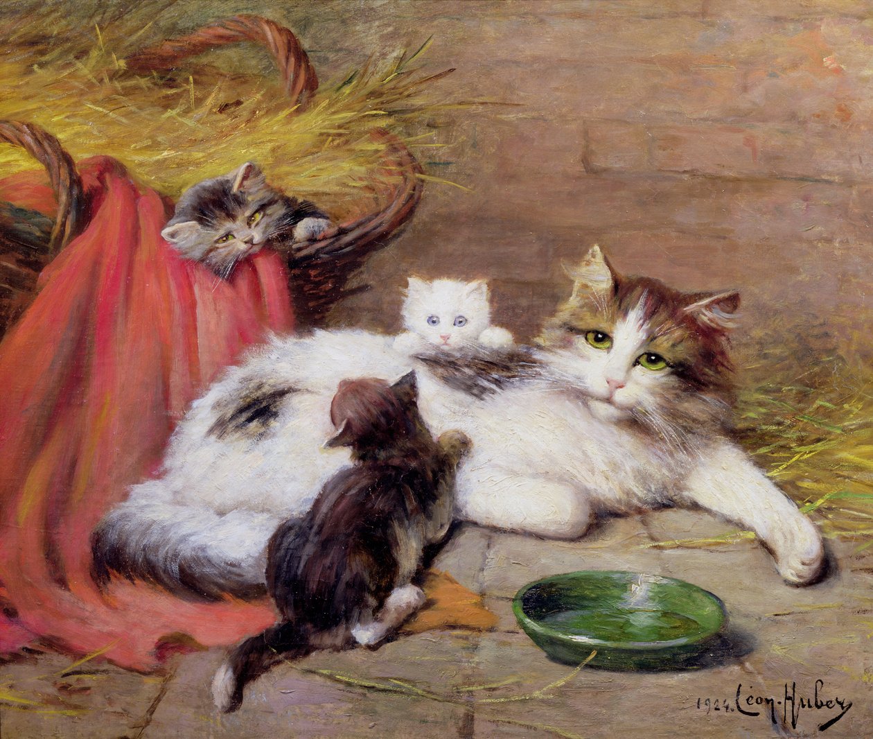 Katze mit Kätzchen, 1924 von Leon Charles Huber
